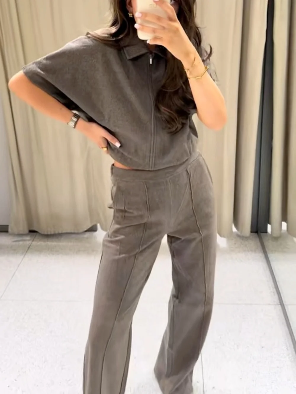 Women Fashion Lapel Zipper Loose Short Sleeve Vest+Autumn High Waisted Elastic Waist Pockets Wide-leg Pants 2-Piece Set