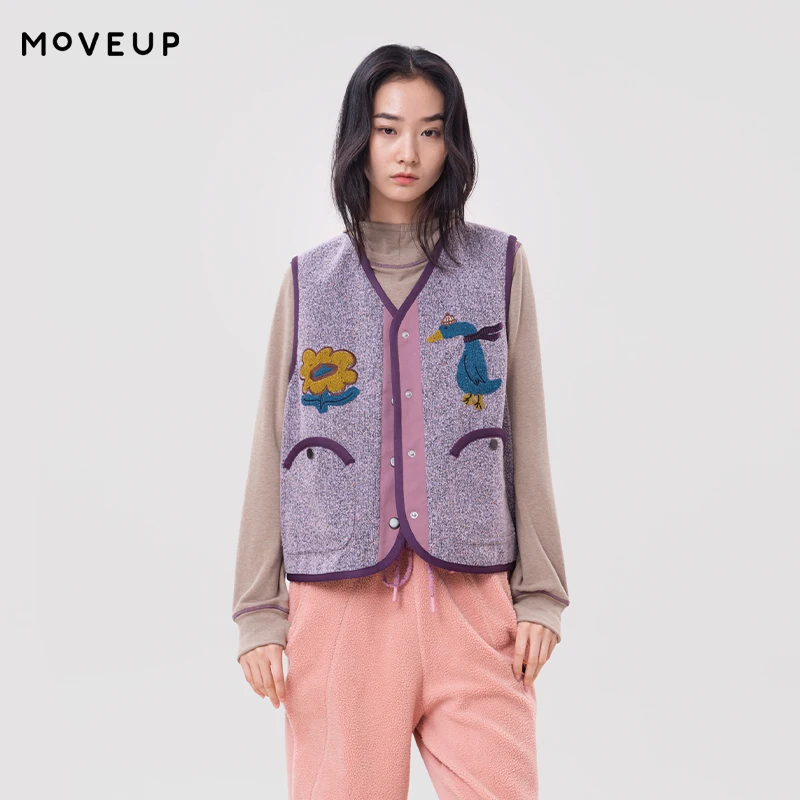 MOVEUP Women's Vest FUN Series Color Block Binding Trim Patch Pockets Short Gilet 2026 Winter Vintage Commuter Clothes 3ELD61003