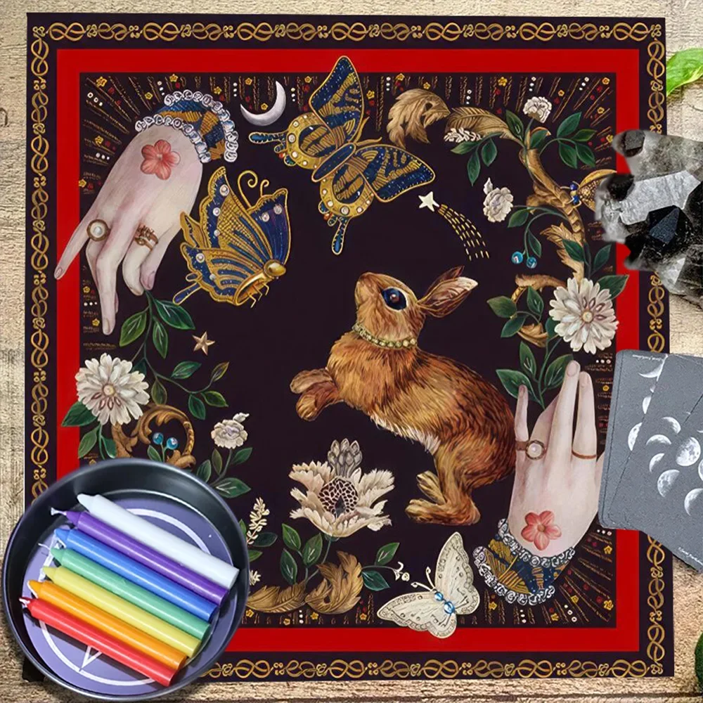 Bunny Butterfly Flower Altar Cloth Tablecloth Spread Tarot Reading Cloth Home Decor Pagan Witchcraft Astrology Oracle Card Mat