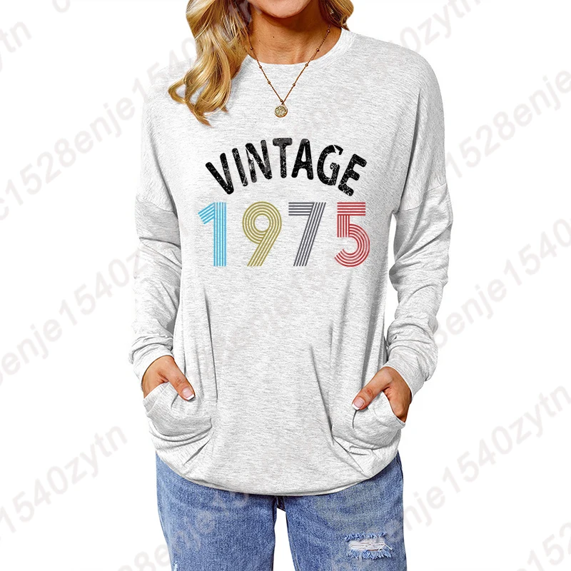 Birthday Gift Blouses Vintage 1975 Print Sweatshirts For Women Retro Birthday Casual Tops Long Sleeve Hot Selling Pullovers Tops