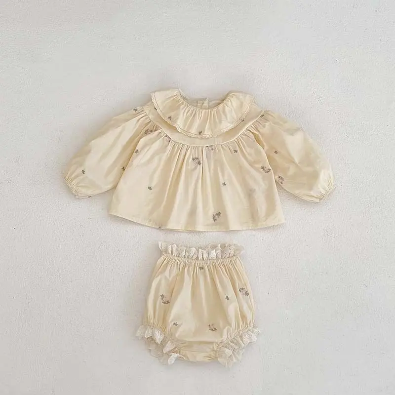 0-24Months Baby Girl Blouse and Bloomer Set Cute Floral Embroidery Princess Ruffle Collar Lace Shirt Autumn Toddler Clothing