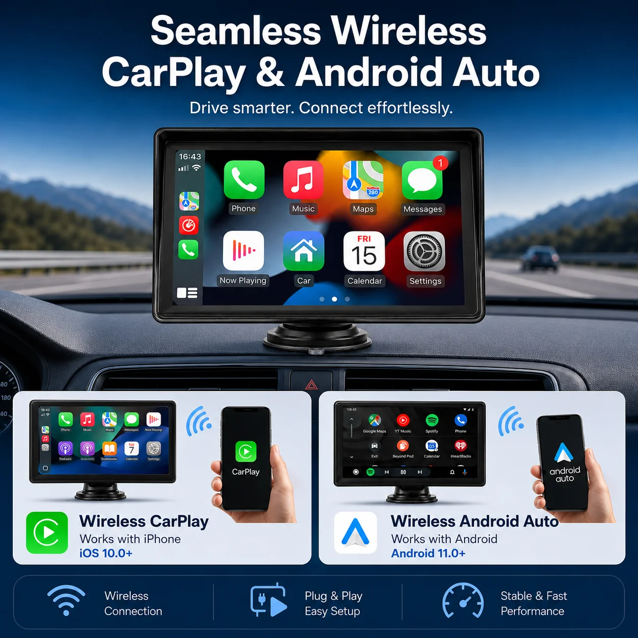 7 Inch Portable Wireless CarPlay Screen IPS Display Android Auto Car Radio MP5 Video Player for iOS Android Multimedia Monitor