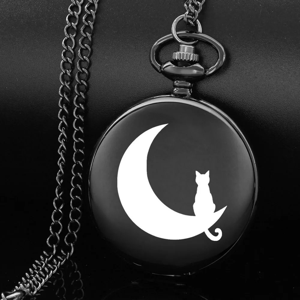 Simpatico design con gatto lunare Collana al quarzo nero Orologio da tasca Orologio da uomo con ciondolo da donna Orologi unici per bambini Regali speciali reloj de bolsillo