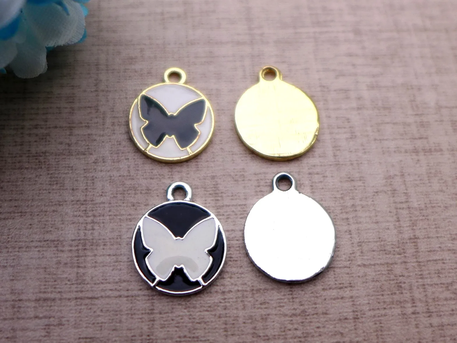 100pcs 14x16 MM Butterfly Insects Round Pie Keychain Necklace Drip Oil Metal Enamel Charms Jewelry Accessories Earrings Bracelet