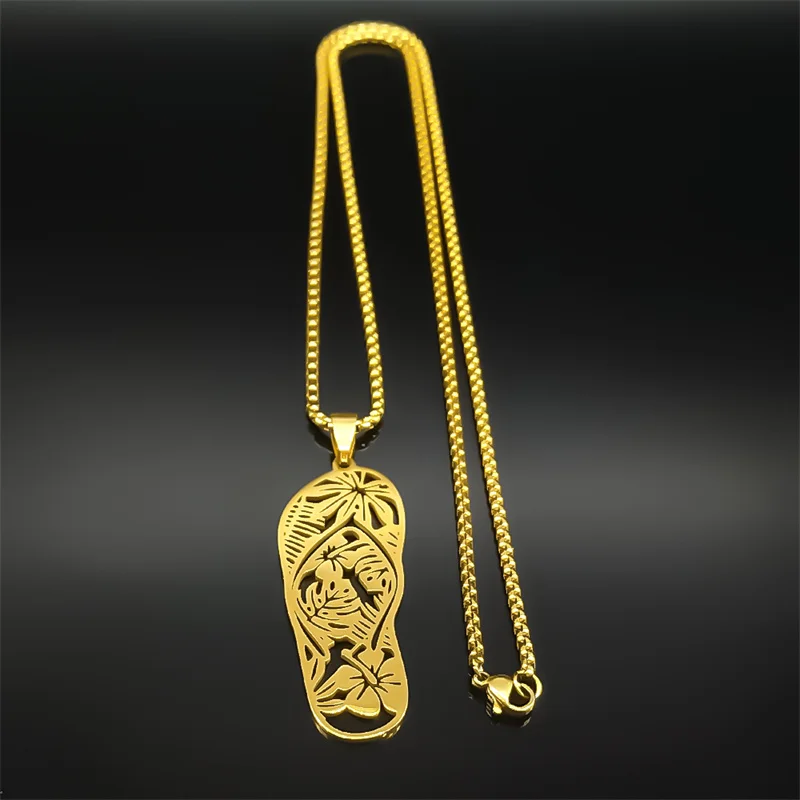 Hawaii-Strand-Slipper-Halskette aus Edelstahl in Goldfarbe für Männer und Frauen, Bohemian-Stil mit Hibiskusblüten und Palmblättern, Resort-Kettenschmuck – Detail 6