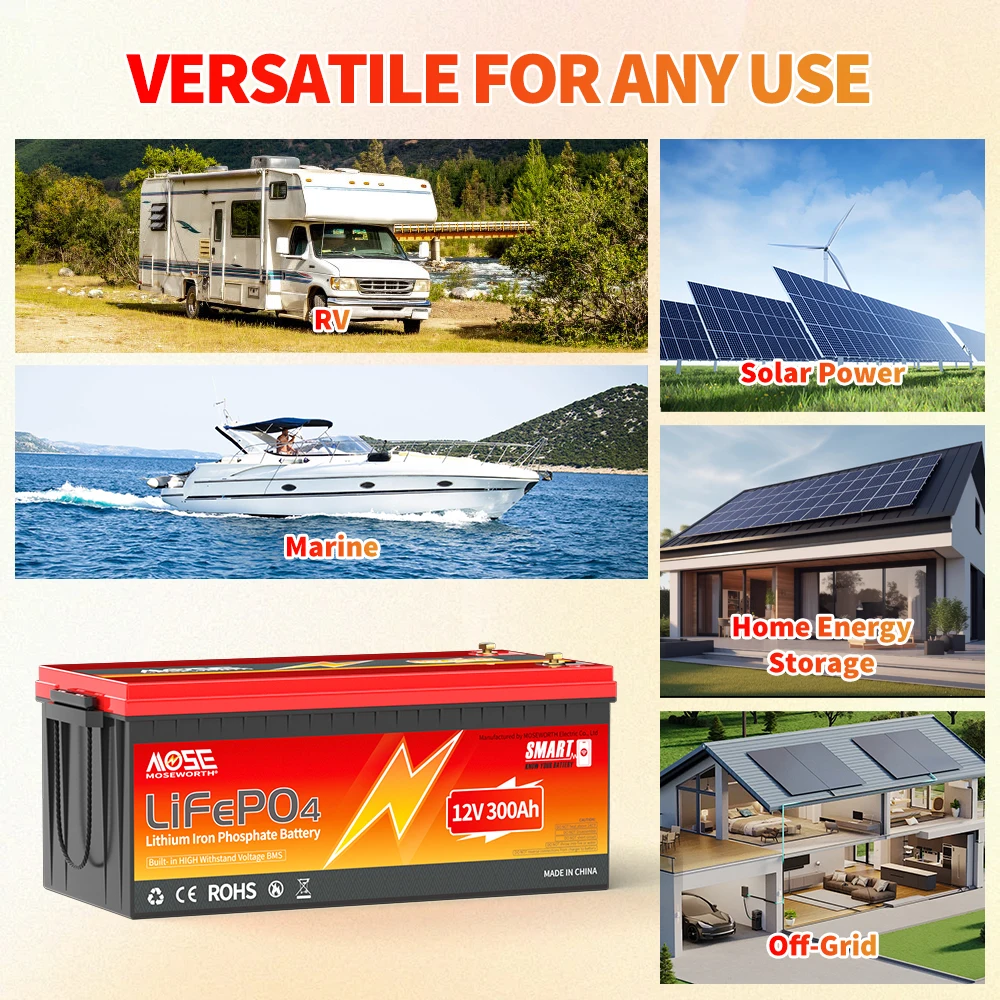 MOSEWORTH 12 V 300 Ah LiFePO4-Lithiumbatterie, Bluetooth-Lithiumbatterie, 200 A, BMS bis zu 15.000 Zyklen, niedrige Temperaturabschaltung für Wohnmobil, Boot – Detail 9