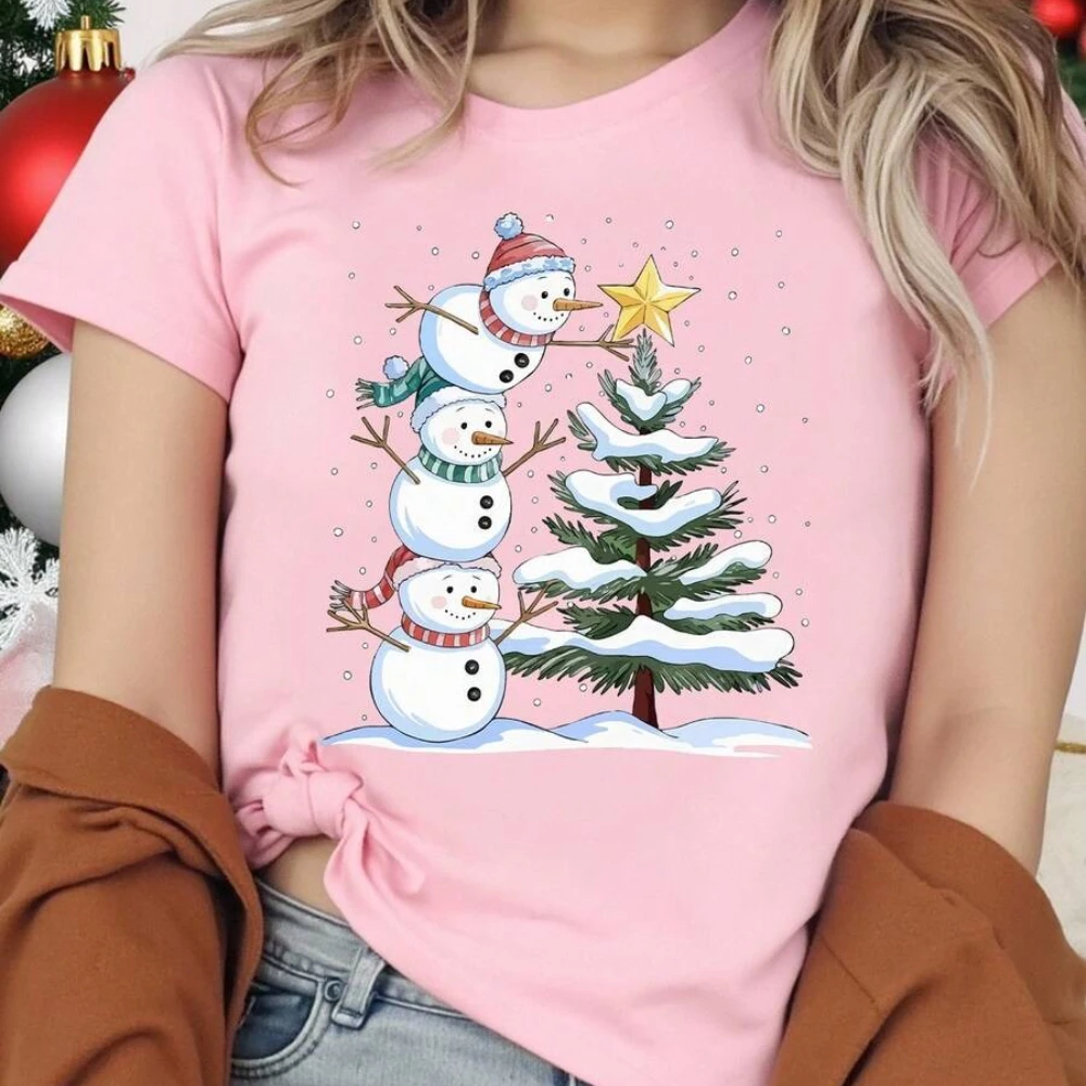 Weihnachten Frauen Casual Stilvolle Cartoon Nette Schneemann T-shirt Weihnachten Baum Kreative Grafik T-Shirt Oansatz Heißer Verkauf Baumwolle Tops