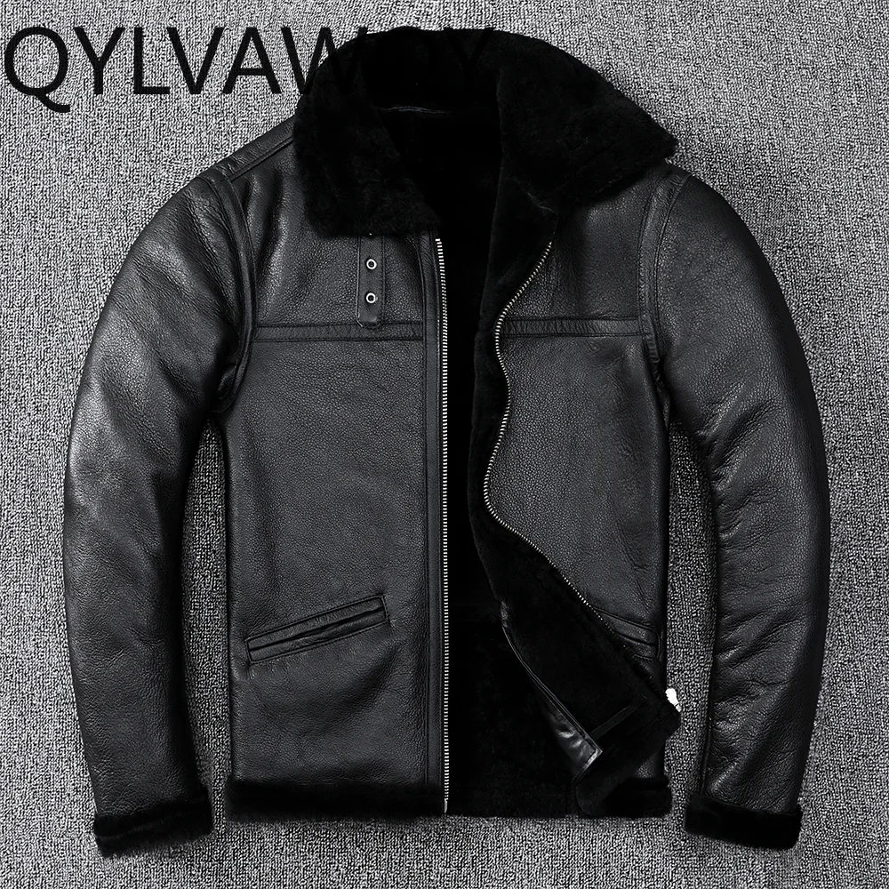 QYLVAWOY Classic Genuine Sheepskin Leather Jacket Men Real Fur Coat Man High Quality Vintage Warm Lamb Fur Coats Lapel Collar