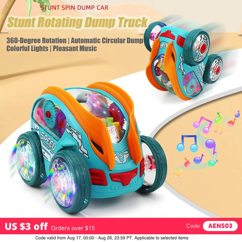 Bump and Go Toy Car Dynamic Gear Powered Car with Led Light Music 360 Rotation Colorful Moving Gears Toddler Trucks Toys for Kid