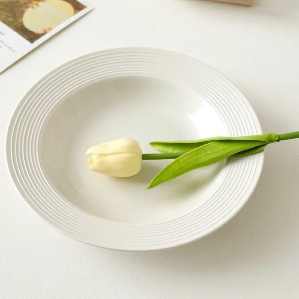 2PCS Japanese-Style Ceramic Straw Hat Plate Threaded Pattern Round Dinner Plate White Under-glaze Painting Serving Dish Pasta