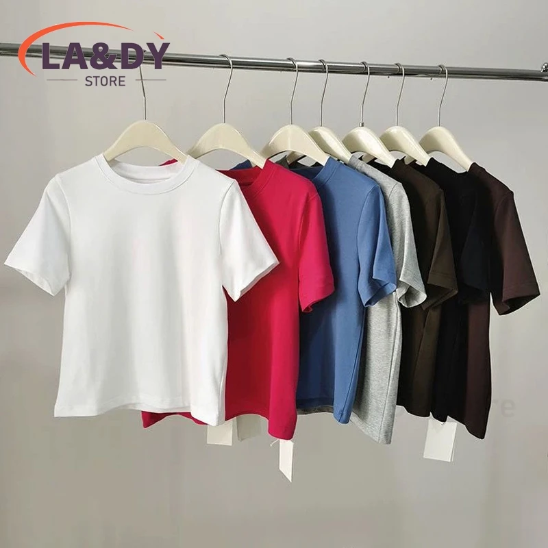 T-Shirt Women 2024 Summer High Quality Fashion Round Neck Short Sleeve Tops Female Solid Color Casual Versatile Cotton Tees