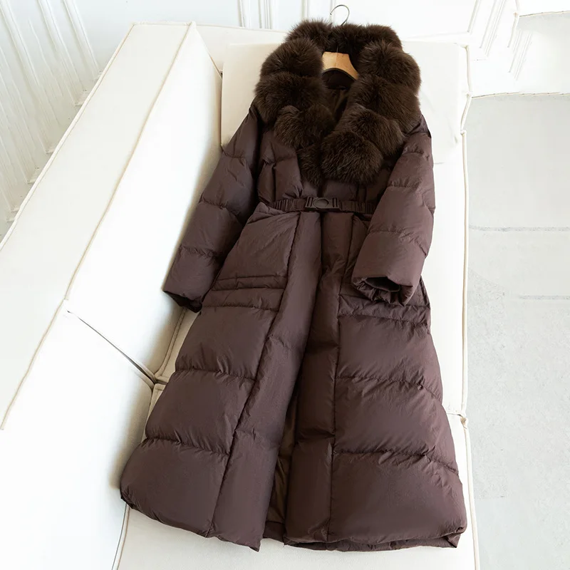 Nueva chaqueta de plumón de piel de zorro para mujer de invierno, chaqueta de plumón con cordones y cuello en V para ir al trabajo