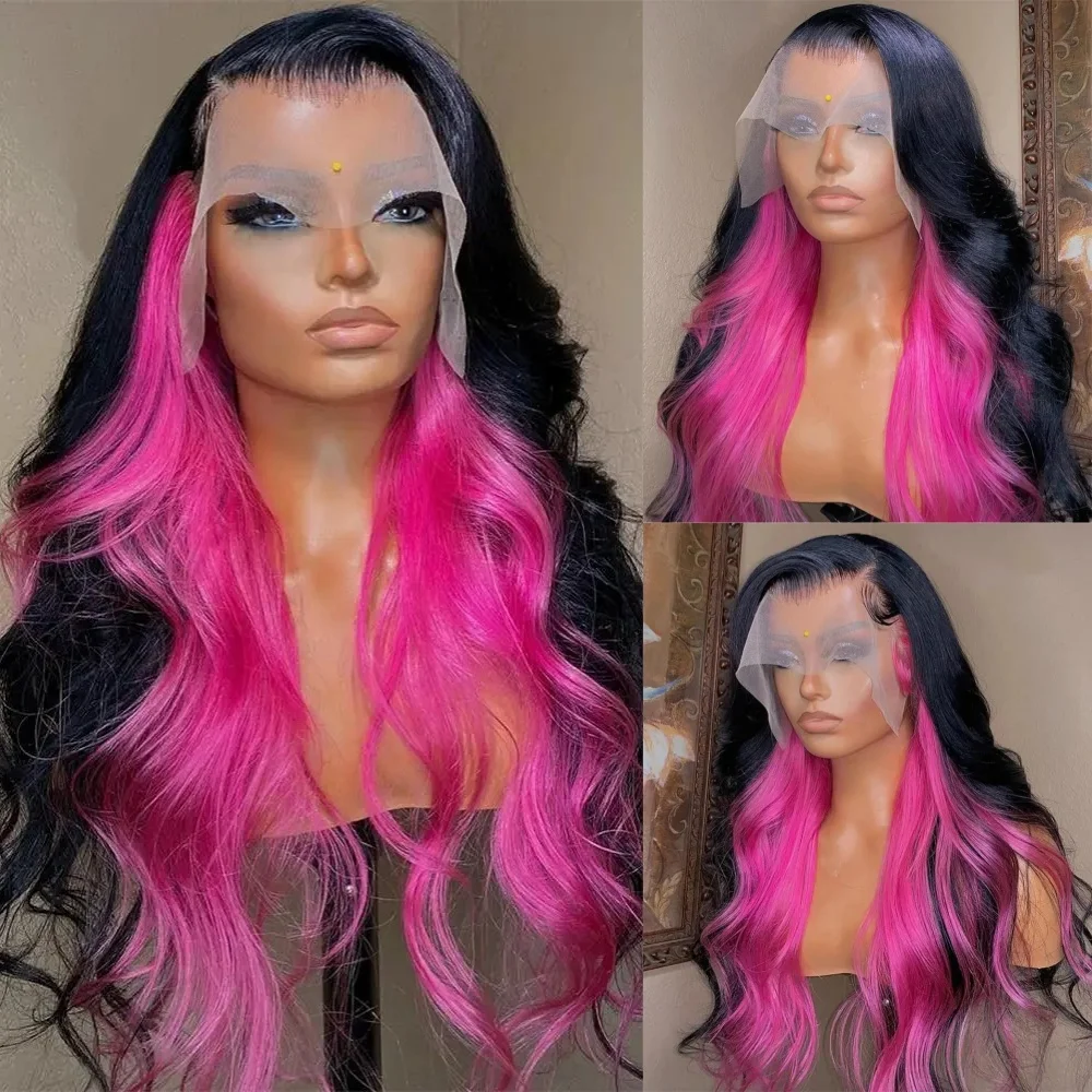 

Черно-розовый синтетический парик с длинными волнистыми волосами, без клея, с кружевной передней частью, для женщин, естественный вид, для повседневной носки и косплея