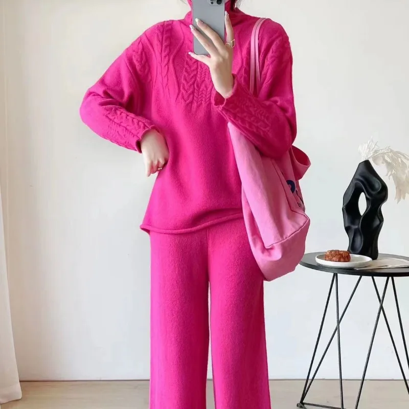 

2023 Autumn Winter New Thread Knitted High Neck Set Sweater for Women Slouchy Loose Wide Leg Pants Two Piece Set