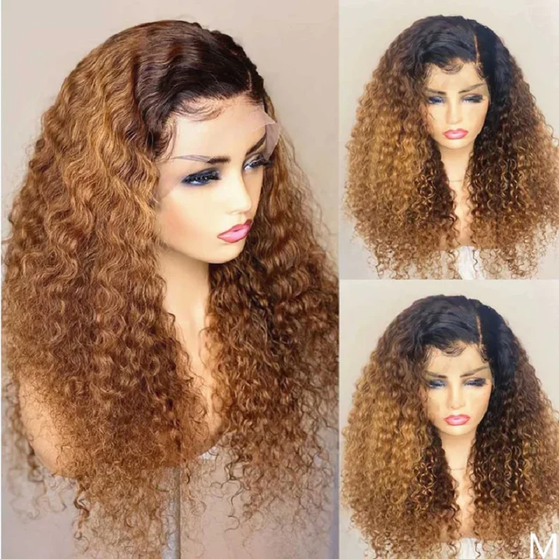 Perruque Lace Front Wig sans colle, longue, blond ombré, crépus et bouclés, 26 pouces, Deep Wave, avec Baby Hair, pre-plucked, quotidien, densité 180, pour femmes