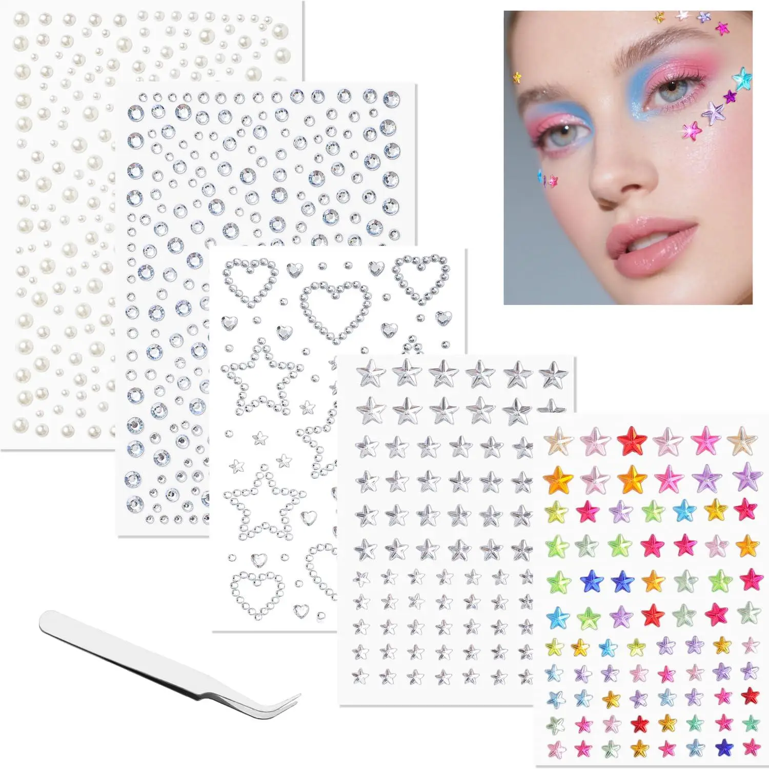 Heart Pearl Face Eye Gem Stickers Self-Adhesive Hair Jewels Sparkly Face Jewels for Makeup Festival Stick on Gems Pearl Stickers