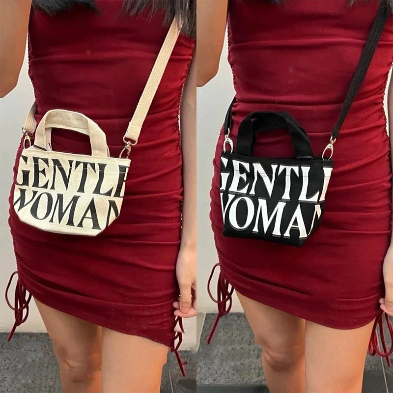 Sacolas pequenas de balde para mulheres, bolsas de lona casual, bolsa com design de letra simples, bolsa feminina, moda