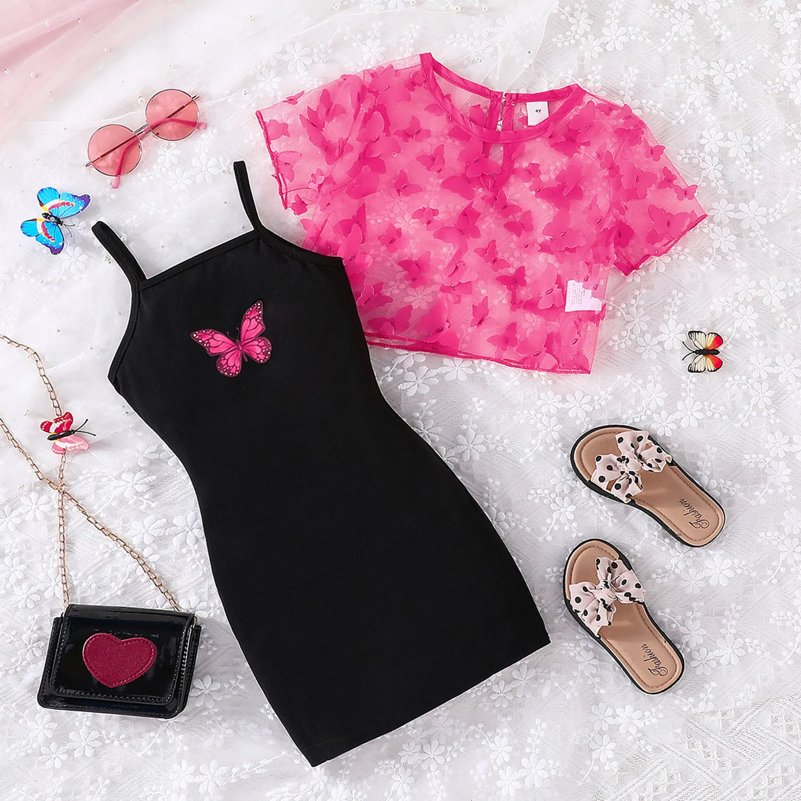 Summer Kids Outfit Sets For Kids Girls 4-8 Years Butterfly Transparent Tops+Spaghetti Strap Slim Dress Stylish Children Clothing