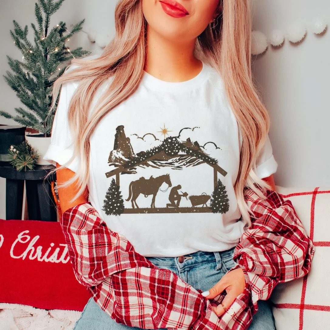 Short Sleeved T-Shirt Praying Cowboy Christmas Religious Christian Printed Pattern Women's Fashion New Year Holiday Women's T-Sh