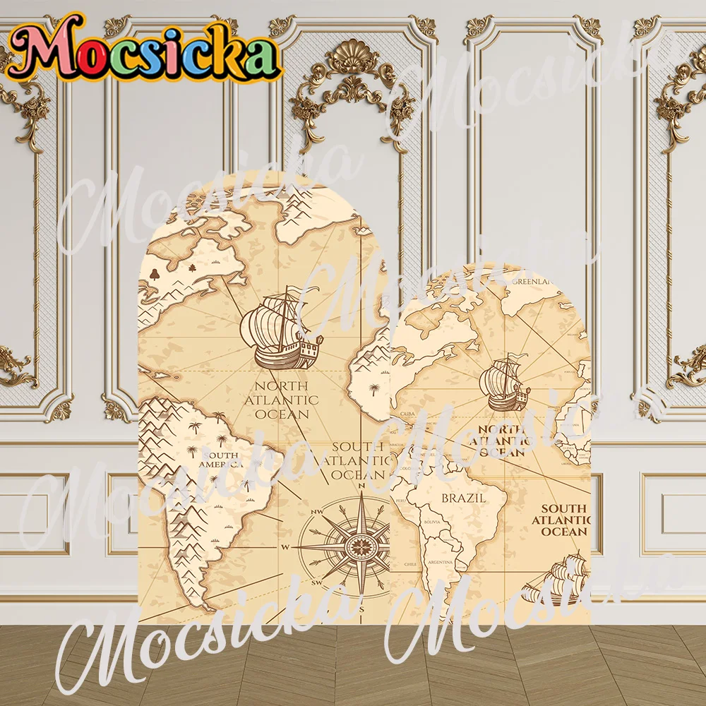 Mocsicka 2-Sided Arch Cover World Map Adventure Decoration Backdrop Baby Shower Arch Wall Kids 1st Birthday Party Prom Studio
