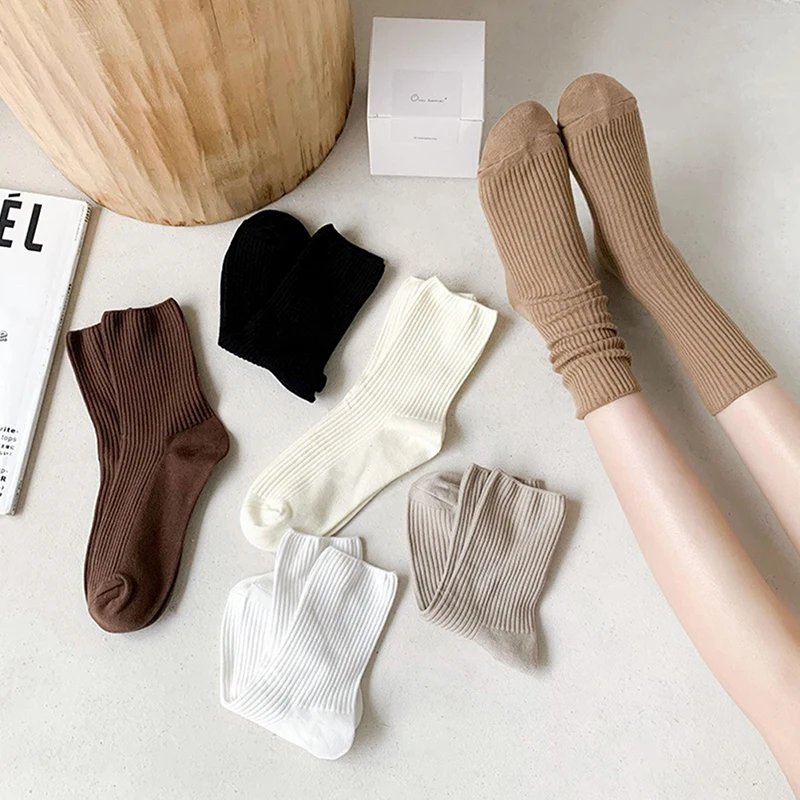 Cozy Cotton Women Socks Vertical Stripe Mid-calf Socks Solid Color Simple Threaded Stacked Socks