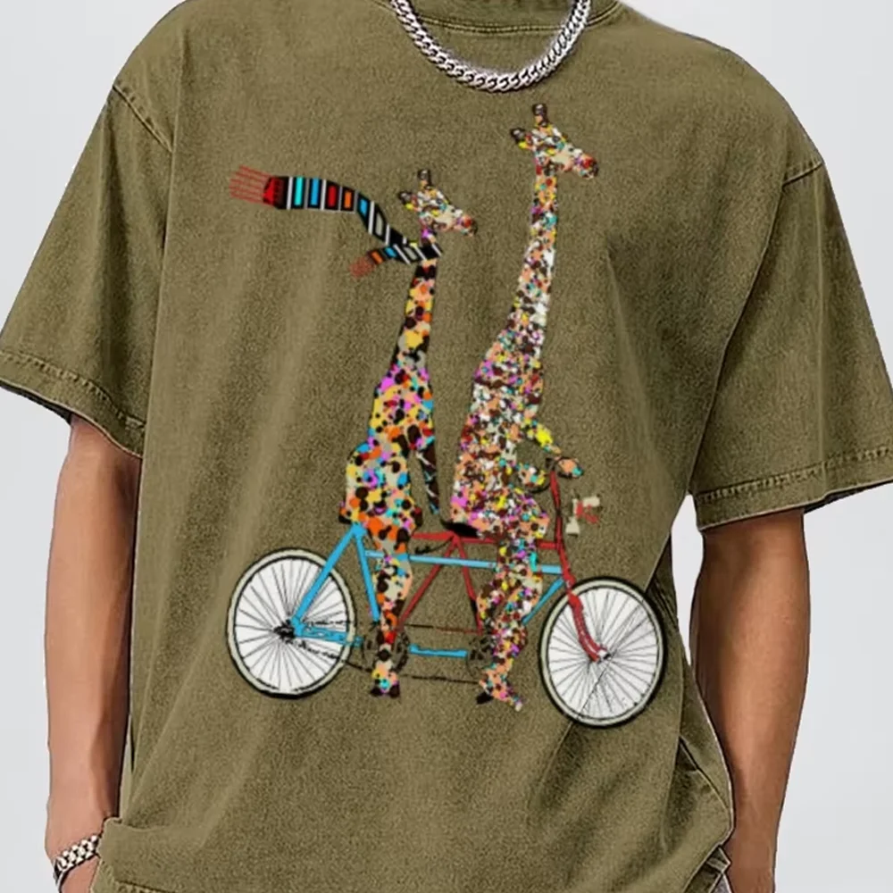 

Abstract Color Funny T-Shirt Cycling Giraffe Pure Cotton Retro Washed Top High Gram Weight Discount Trendy New Short Sleeves