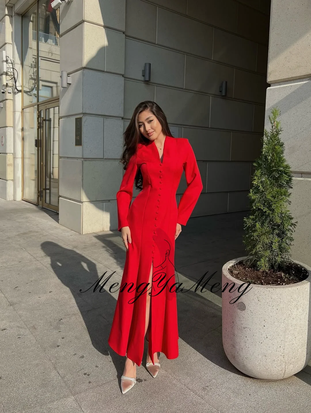 ZHUISHU Red Long Prom Dresses Semi-Mermaid Ankle-Length V-Neck Long Sleeves Casual Evening Dresses Customized Party Gown Women