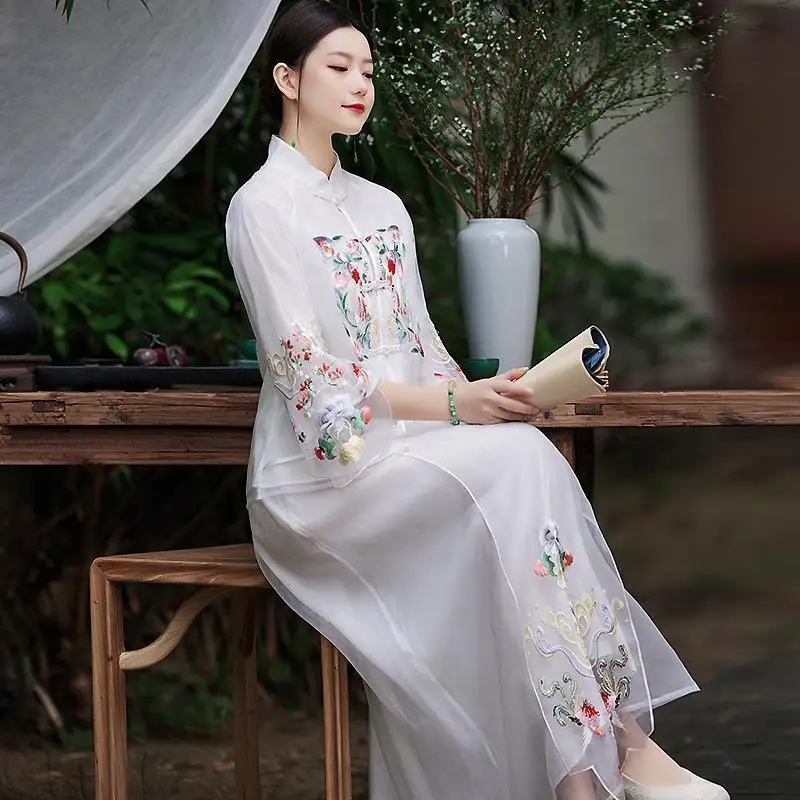 Zen Tea Art Improved Cheongsam Top Young Lady Ao Dai Dress Tang Suit women's Chinese Style Embroidery Retro Half Skirt Hanfu Set - Image 2