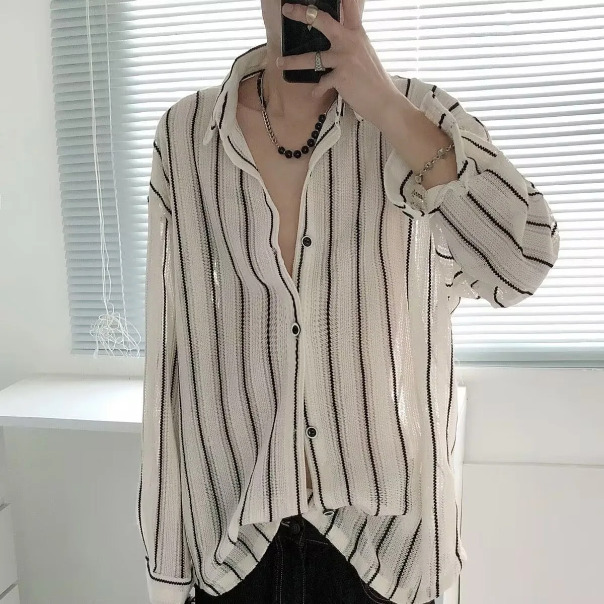 

2026 Summer Apricot Hollow Striped Shirt Men's Design Loose Casual Shirt New Sunscreen Long-sleeved Top