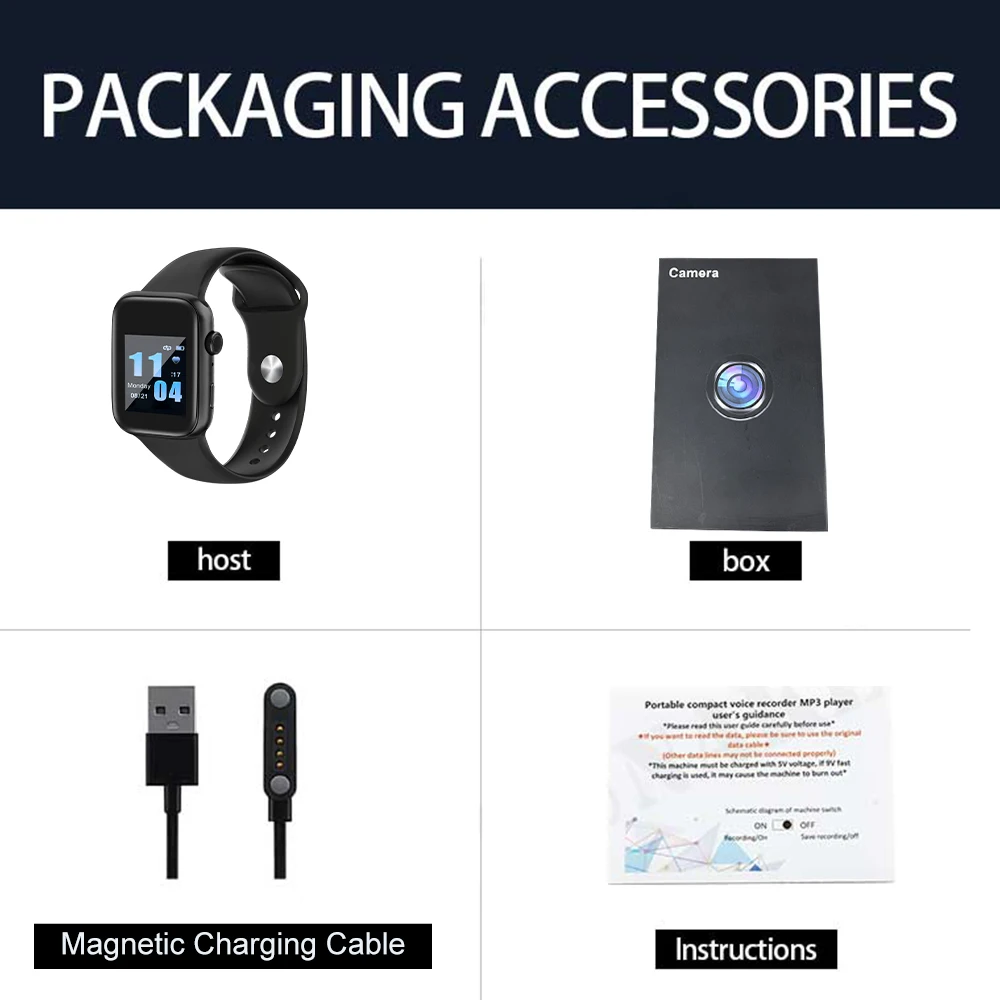 4-256GB Smart Watch 1080P Mini Camera Audio Video Recorder Intelligent High-definition Video Noise Reduce Recording Smart Watch