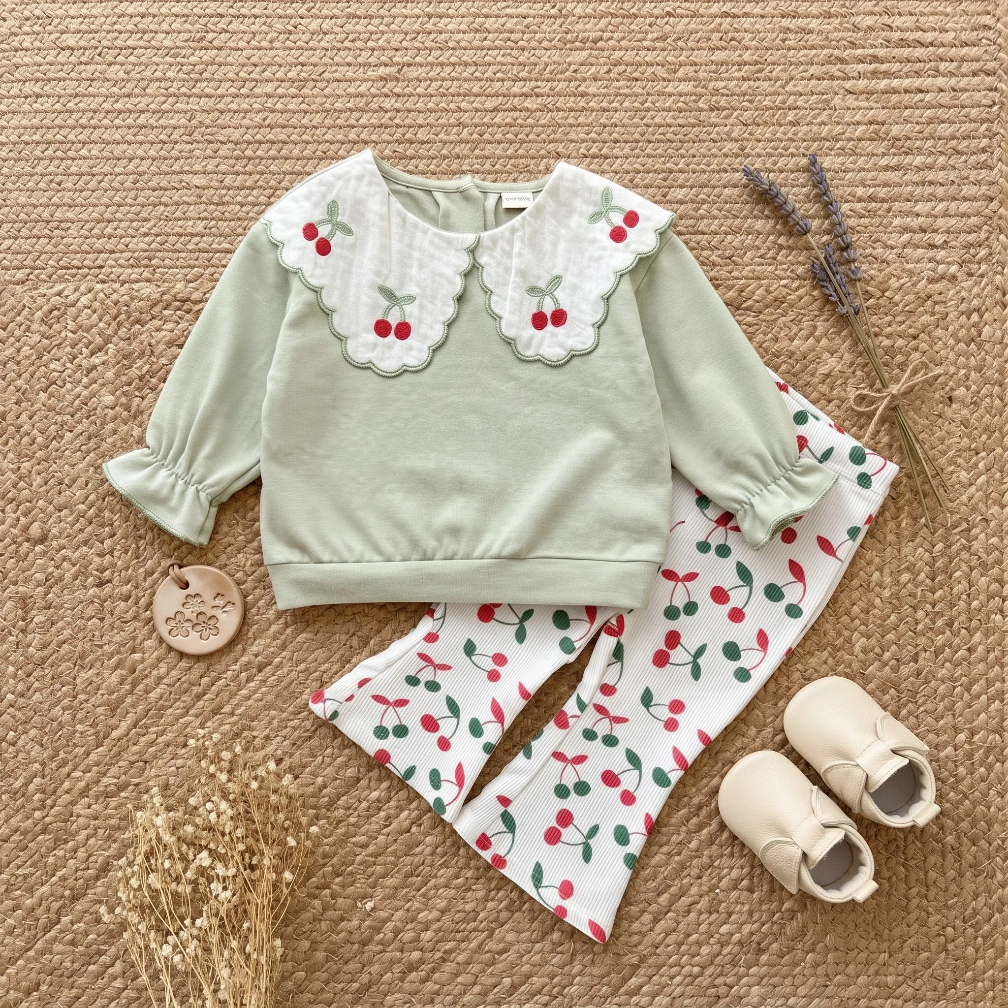 Spring Autumn Baby Girls Cute 2Pcs Outfit, Cherry Embroidery Big Collar Sweatshirt & Ribbed Flare Pants Set