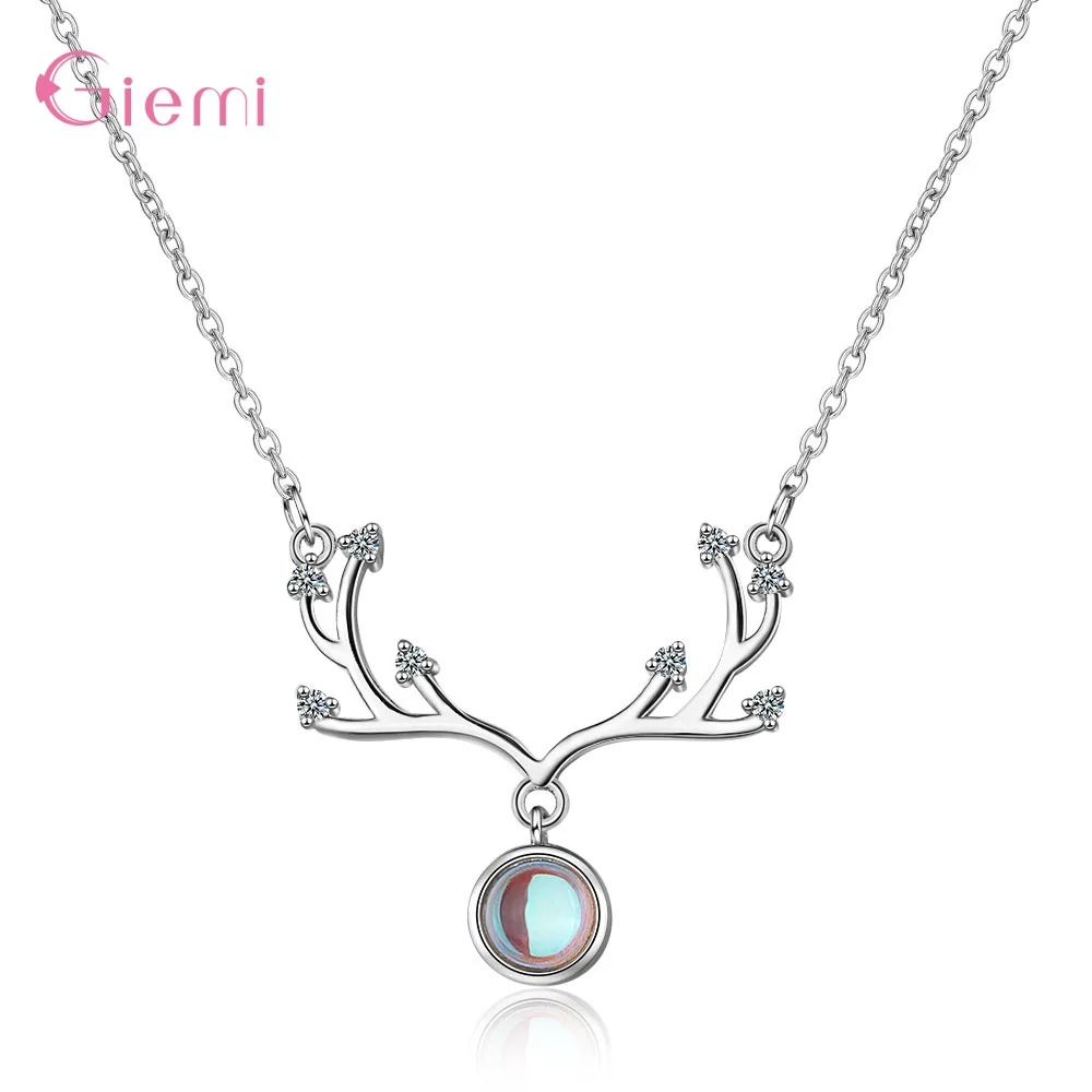 Lovely 925 Sterling Silver Antlers Moon Stone Crystal Zircon Necklaces for Women Girls Engagement Party Trendy Jewelry Accessory