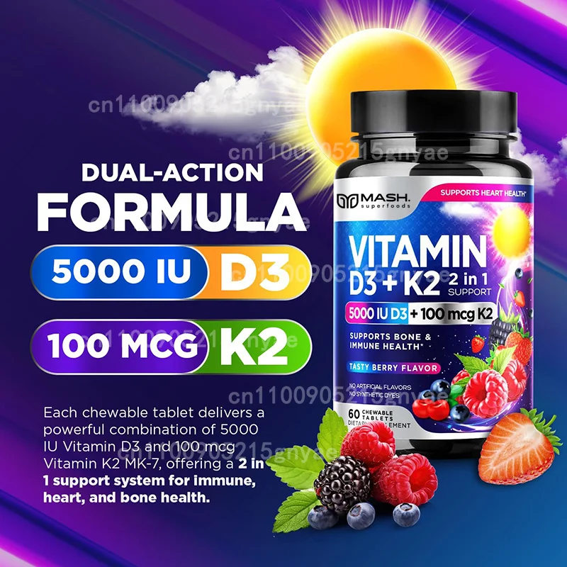 Vitamin D3 K2 5000 IU (with BioPerine) | Features Calcium & Vitamin K2 MK7, Maximum Absorption – 60 Day Supply