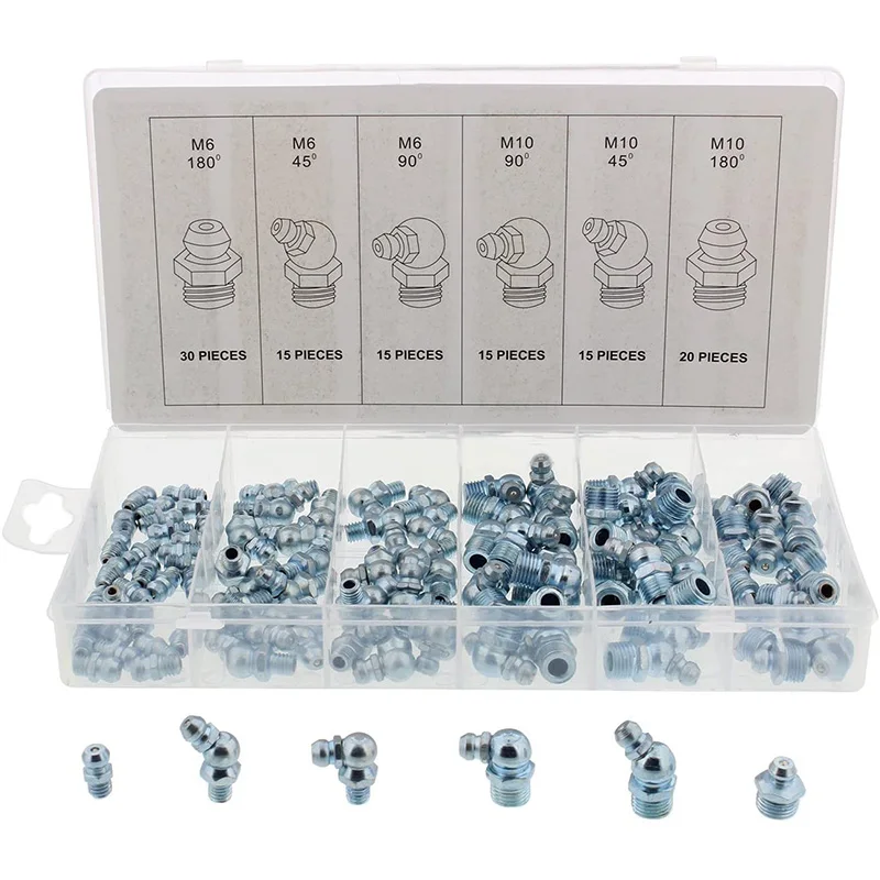 

Hydraulic Grease Zerk Fitting Metric 110-Piece Kit - Straight, 90-Degree, 45-Degree Angled Zerks Assortment Set(M6 M10)