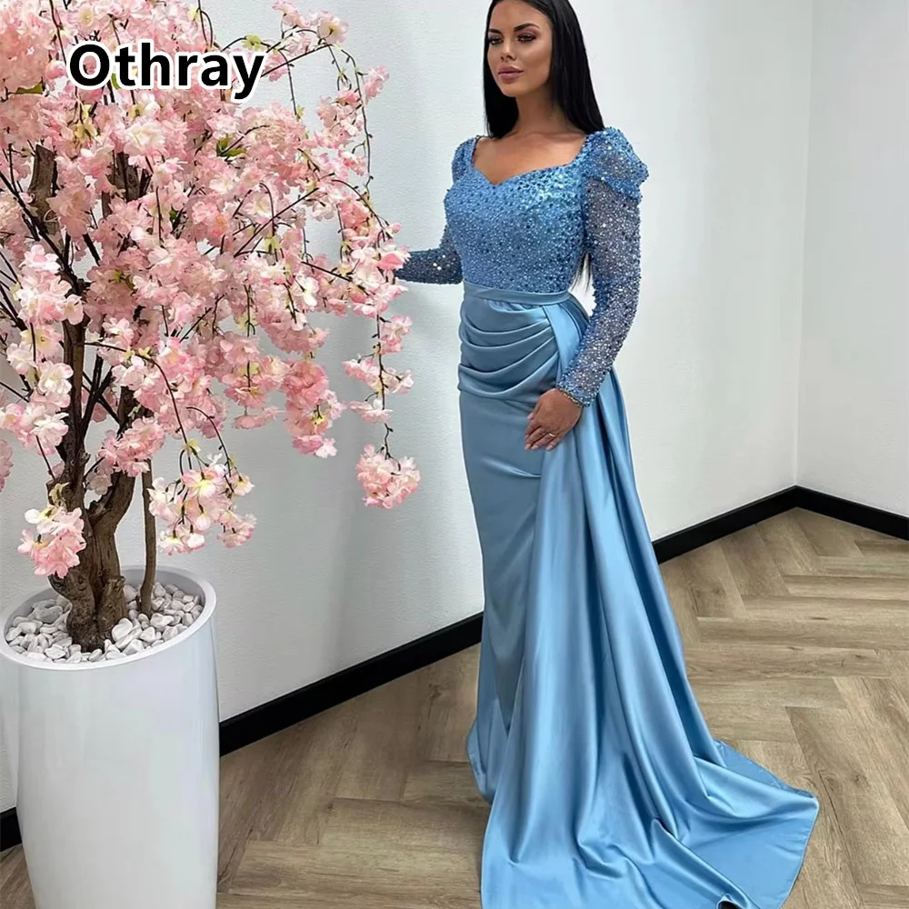 

Othray Blue Gorgeous Evening Dresses Beaded Long Sleeves Mermaid Satin Formal Prom Gowns Pleats Wedding Party Robe