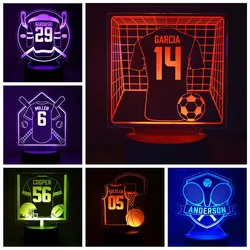 Personalized Sports Jersey LED Night Light Custom Basketball/Soccer/Baseball/Hockey/Rugby/Tennis Player Number Name RGB 3D Lamp