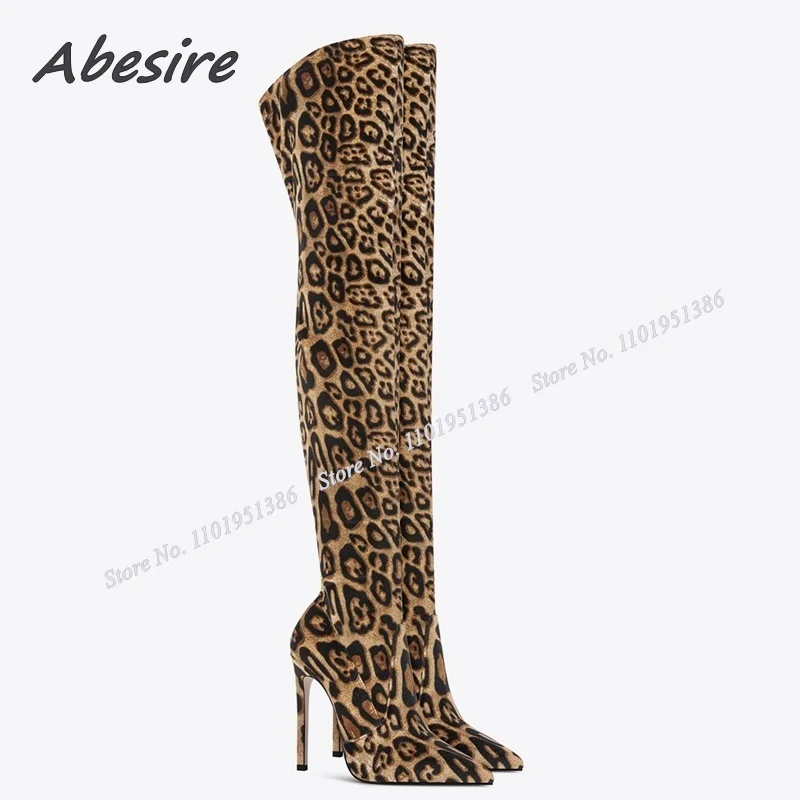 Abesire Handmade Leopard Boots Slim Side Zipper Over the Knee Pointed Toe Shoes for Women High Heels Winter Zapatillas Mujer