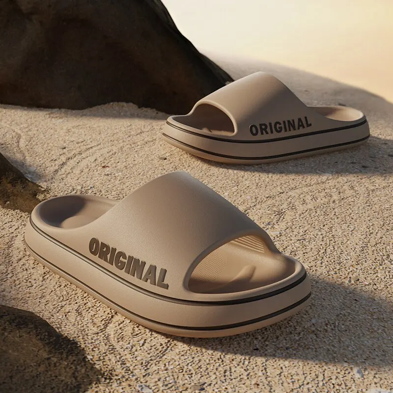 Feslishoet-Zapatillas de playa con letras para hombre y mujer, chanclas antideslizantes de suela gruesa de Color sólido para interior y baño,