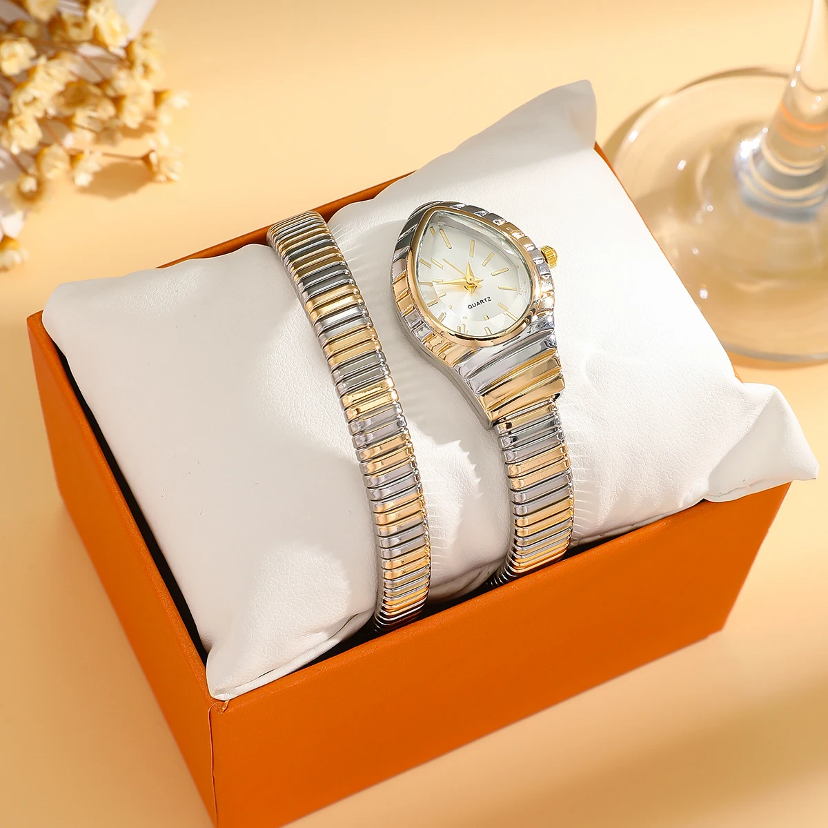 

Шикарные двухцветные женские часы в форме змеи — серебристо-золотой ремешок в виде змеи, кварцевые наручные часы с белым циферблатом в форме капли для женщин, Pe