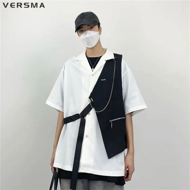 VERSMA Korean Trendy One-shoulder Vintage Vest Waistcoat For Men Hip Hop Streetwear Chic Biker Vest Sleeveless Motorcycle Jacket