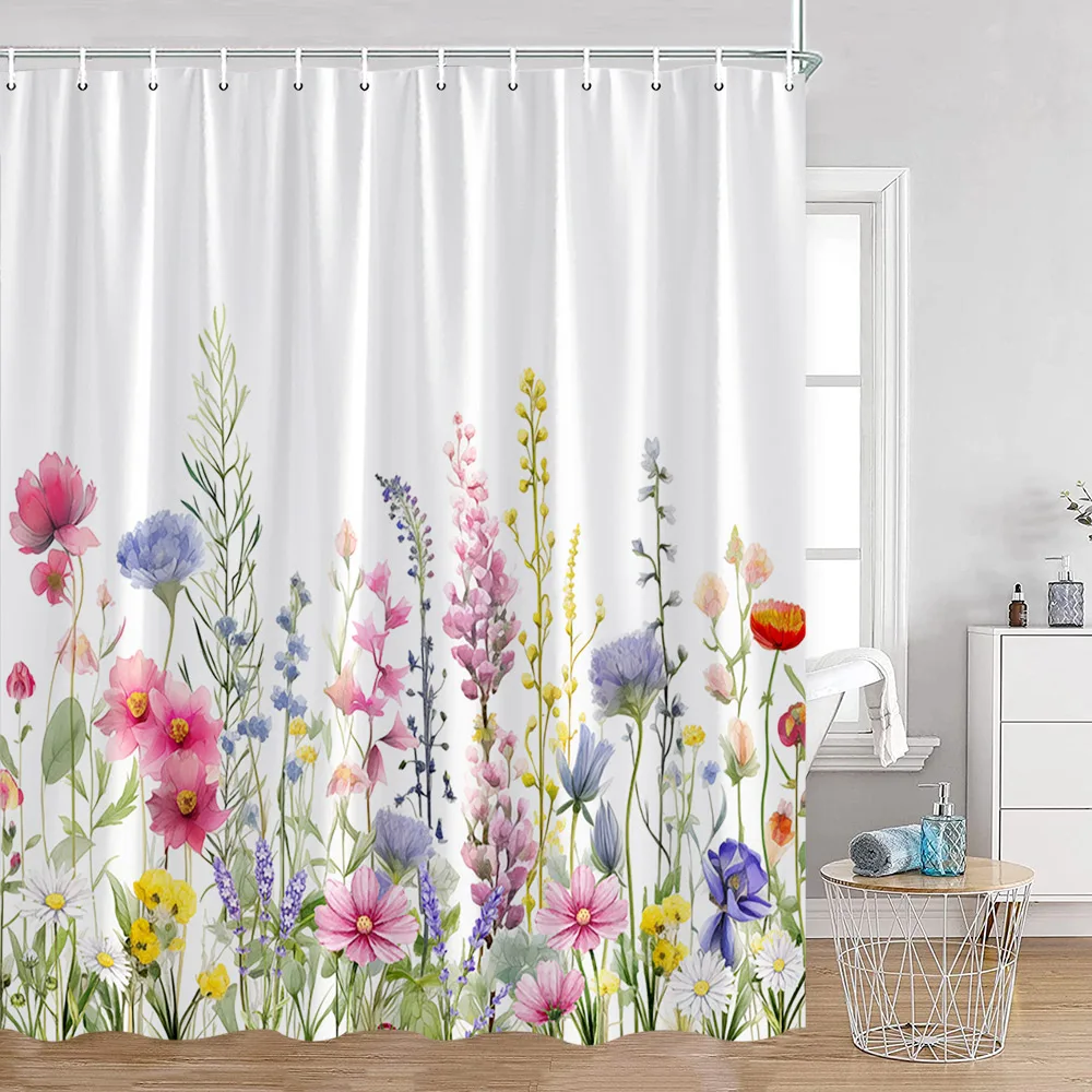 

Floral Shower Curtains Watercolour Flower Botanical Purple Lavender Modern Minimalist Bathroom Decor Bath Curtain Set with Hooks