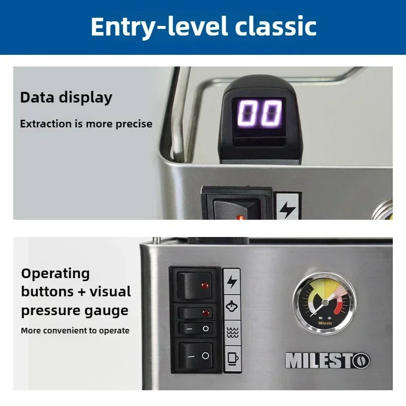 ماكينة قهوة MILESTO EM-18 أنيقة من ثلاثة أجيال منزلية إيطالية شبه أوتوماتيكية، غلاية TOD للتحكم في درجة الحرارة، بخار 220 فولت