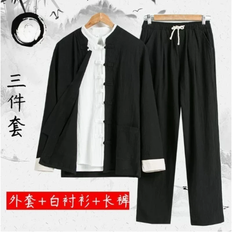 3 قطعة بدلة تانغ الصينية التقليدية الذكور الكونغ فو موحدة الرجعية عادية القطن الكتان حجم كبير مجموعة ملابس تاي تشي للرجل
