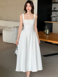 2026 New White Square Collar Sling Sexy Long Dress Women Elegant Luxury Dance Party Dress Summer Korean Vintage Bodycon Vestidos