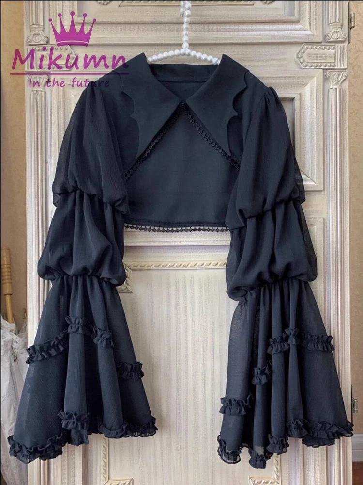 Mikumn Vintage Gothic Black Bat Neck Ruffles Flare Sleeve Cardigan Shirts Lolita Kawaii Cosplay Cropped Tops