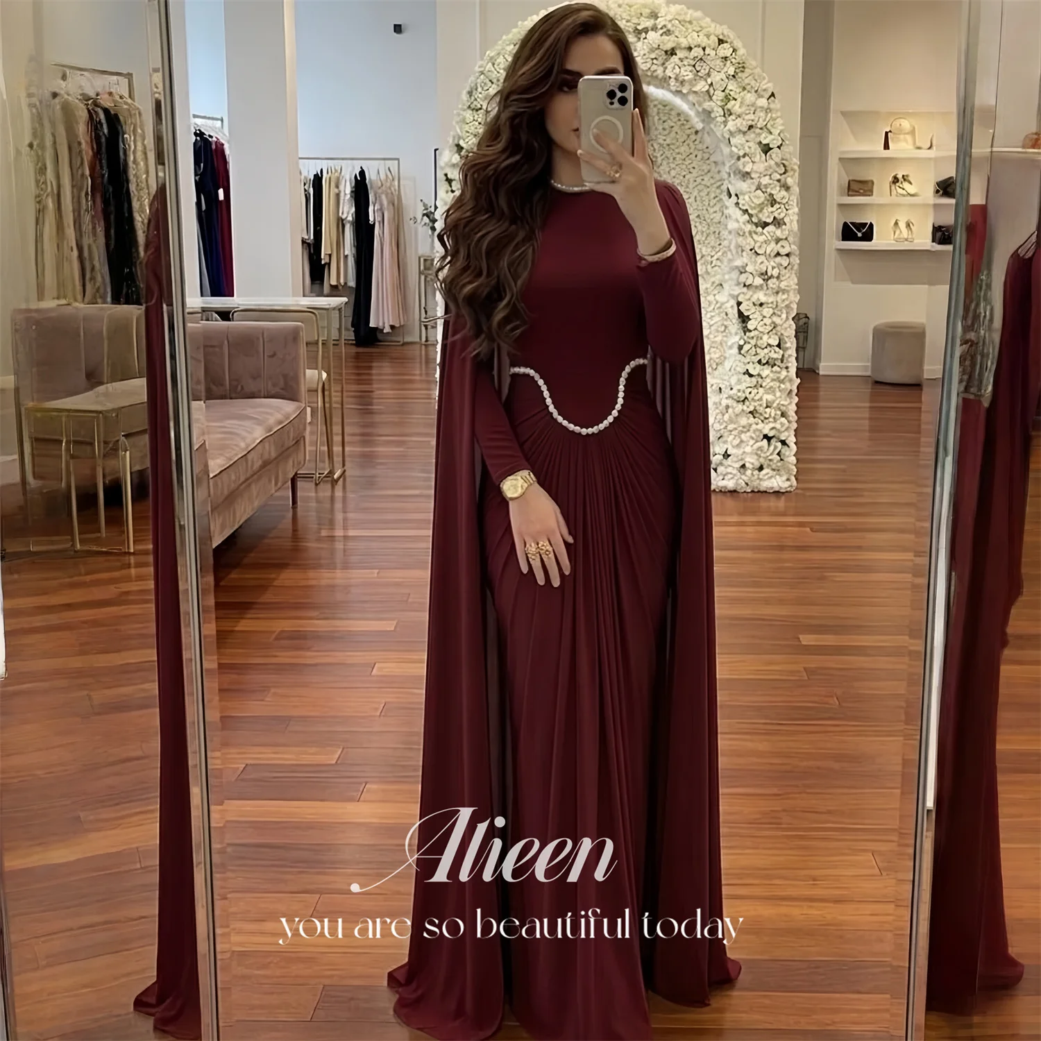 

Evening Dress Women European Burgundy Satin Sheath Pearls Formal Events Aileen Long Floor-Length 2026 Customized Robes de Soirée