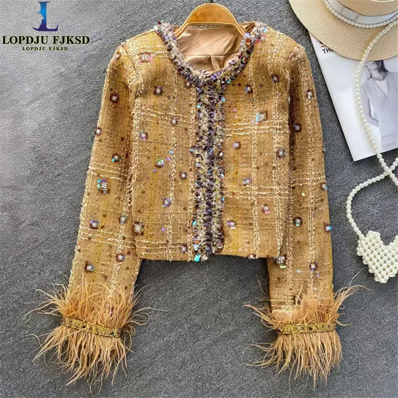 Women's European Luxury Diamond Studded Nail Bead Sequined Patchwork Fur Sleeve Jacket Heavy Industry Style