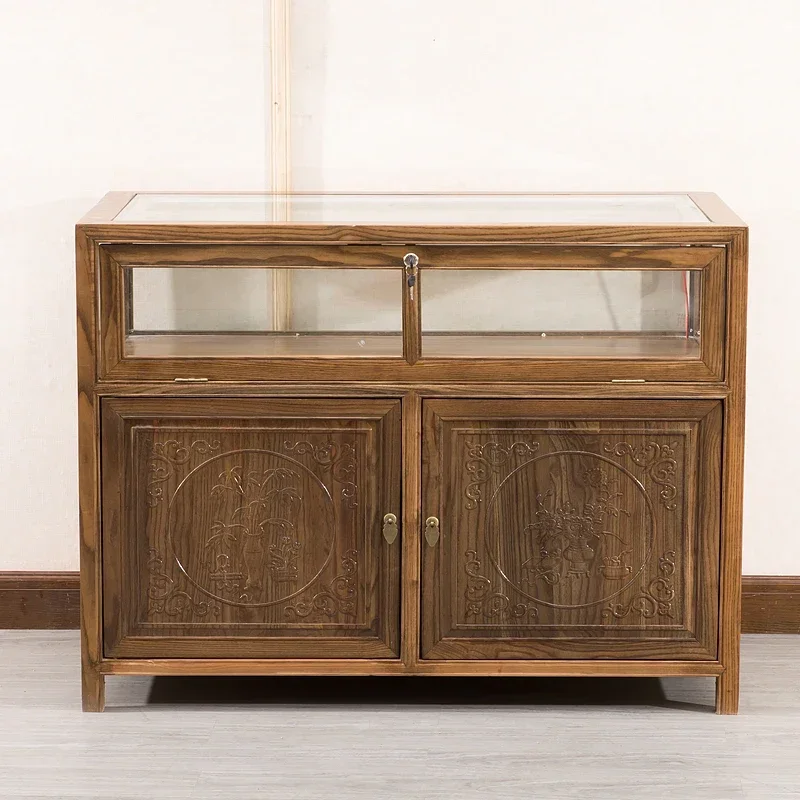 

X0 Solid wood Chinese antique elm jewelry jade display case, boutique display case glass counter