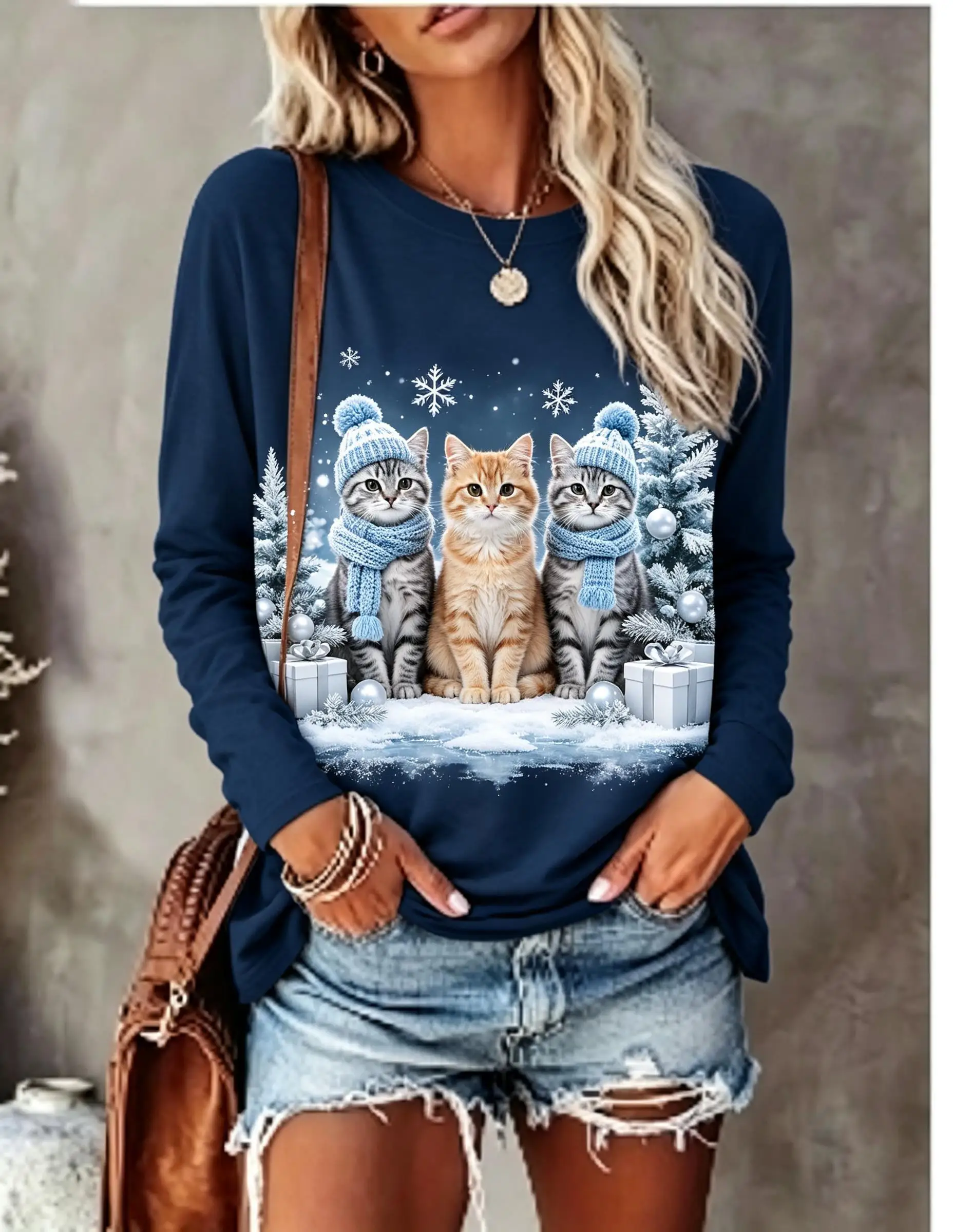 Women Long Sleeve T‑Shirt Christmas Three Cats With Hat Scarf Gift Snowflake Print Crew Neck Casual Tops