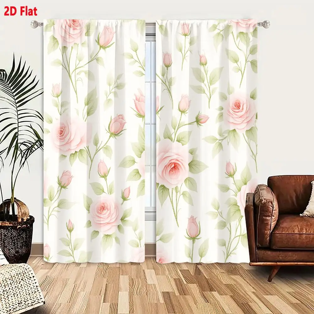 2Pcs Curtains Add 2D Flat Seamless Floral Pattern With Delicate Pink Roses And Green Leaves On Cream Background For Textiles Hom